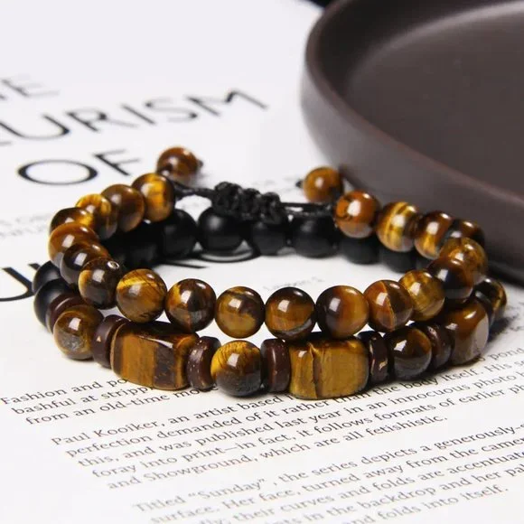 2 Pieces Unisex Brown Tiger's Eye Beaded Bracelets NEW