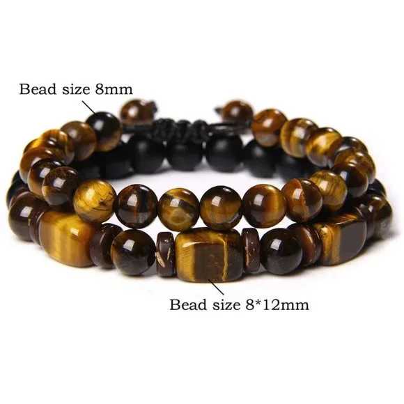 2 Pieces Unisex Brown Tiger's Eye Beaded Bracelets NEW