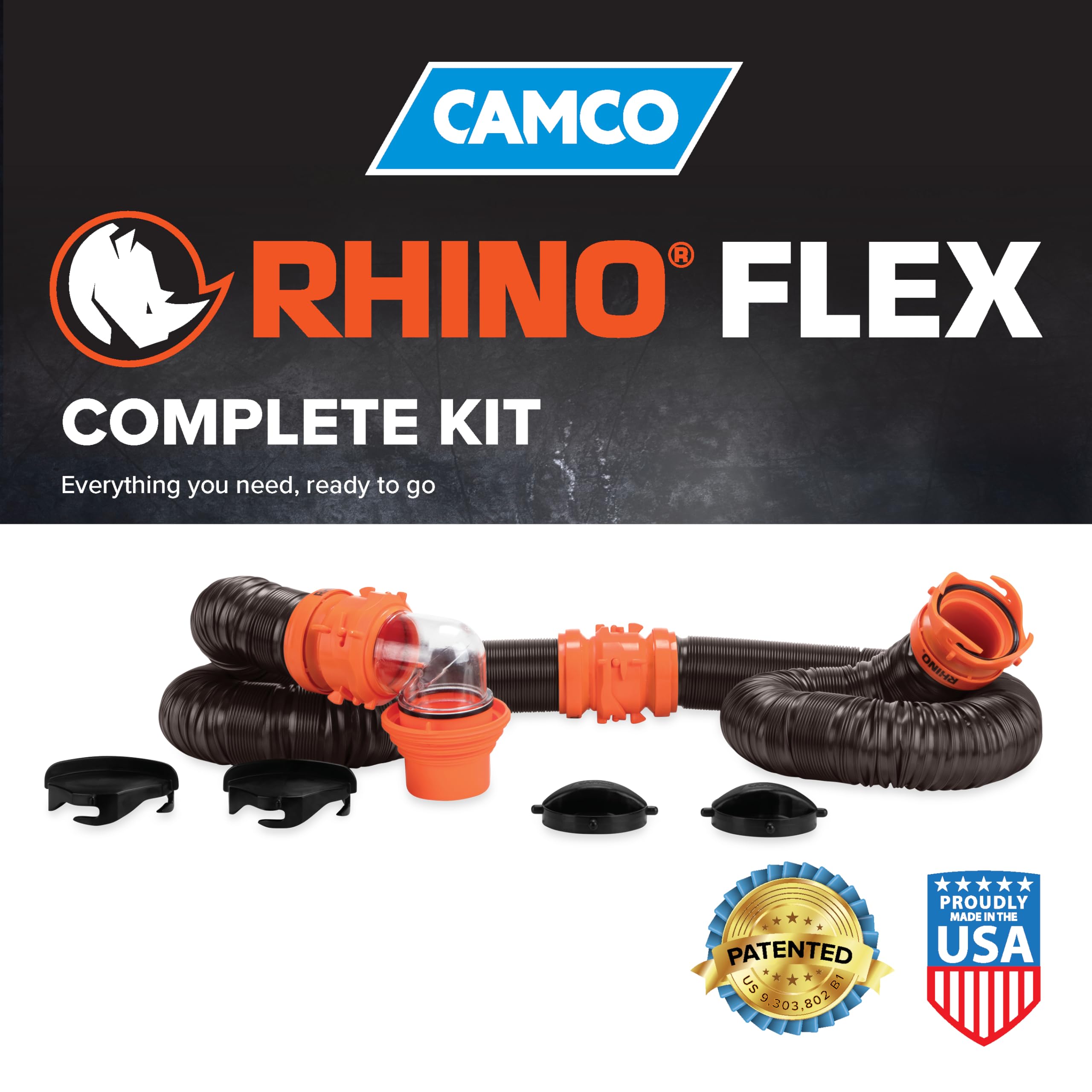 ﻿﻿Camco RhinoFLEX 20' Camper/RV Sewer Hose Kit - Includes 4-in-1 Adapter, Clear Elbow, & Caps - Connects to 3″ Slip & 3″, 3 1/2″, 4″ NPT Threaded Sewer Connections