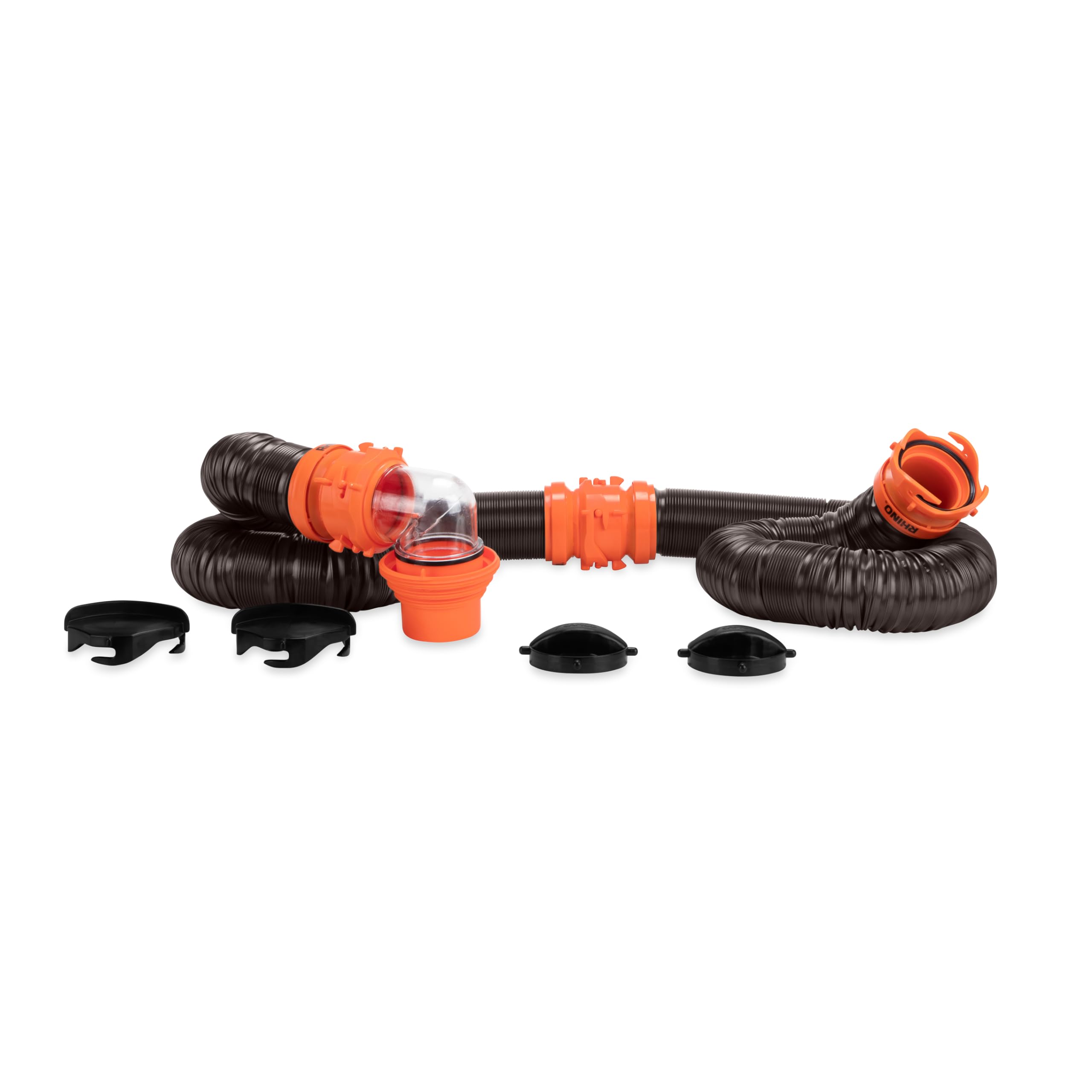 ﻿﻿Camco RhinoFLEX 20' Camper/RV Sewer Hose Kit - Includes 4-in-1 Adapter, Clear Elbow, & Caps - Connects to 3″ Slip & 3″, 3 1/2″, 4″ NPT Threaded Sewer Connections