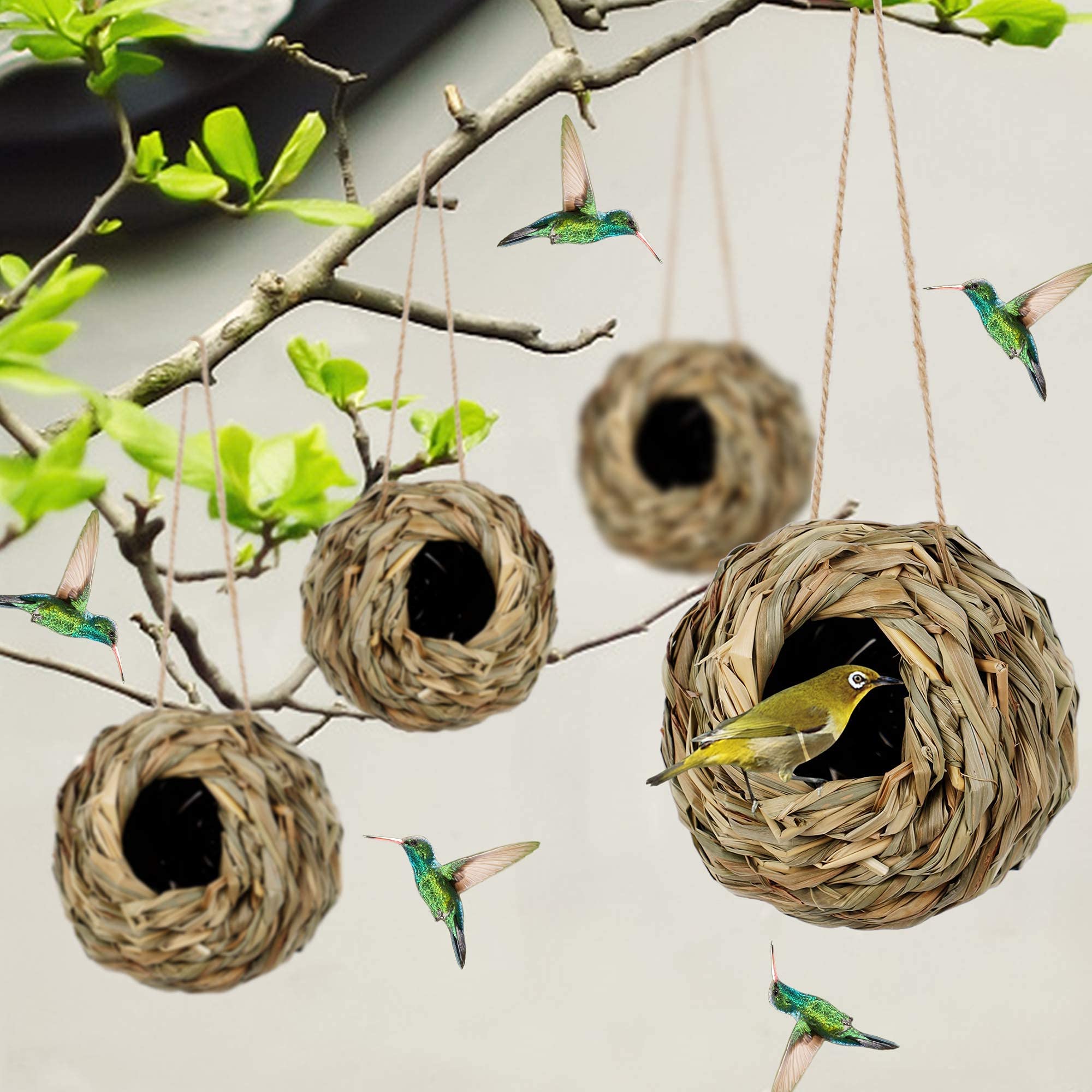 Winemana 4 Pack Hanging Hummingbird Nest House for Outside, Ball Shape, Hand Woven