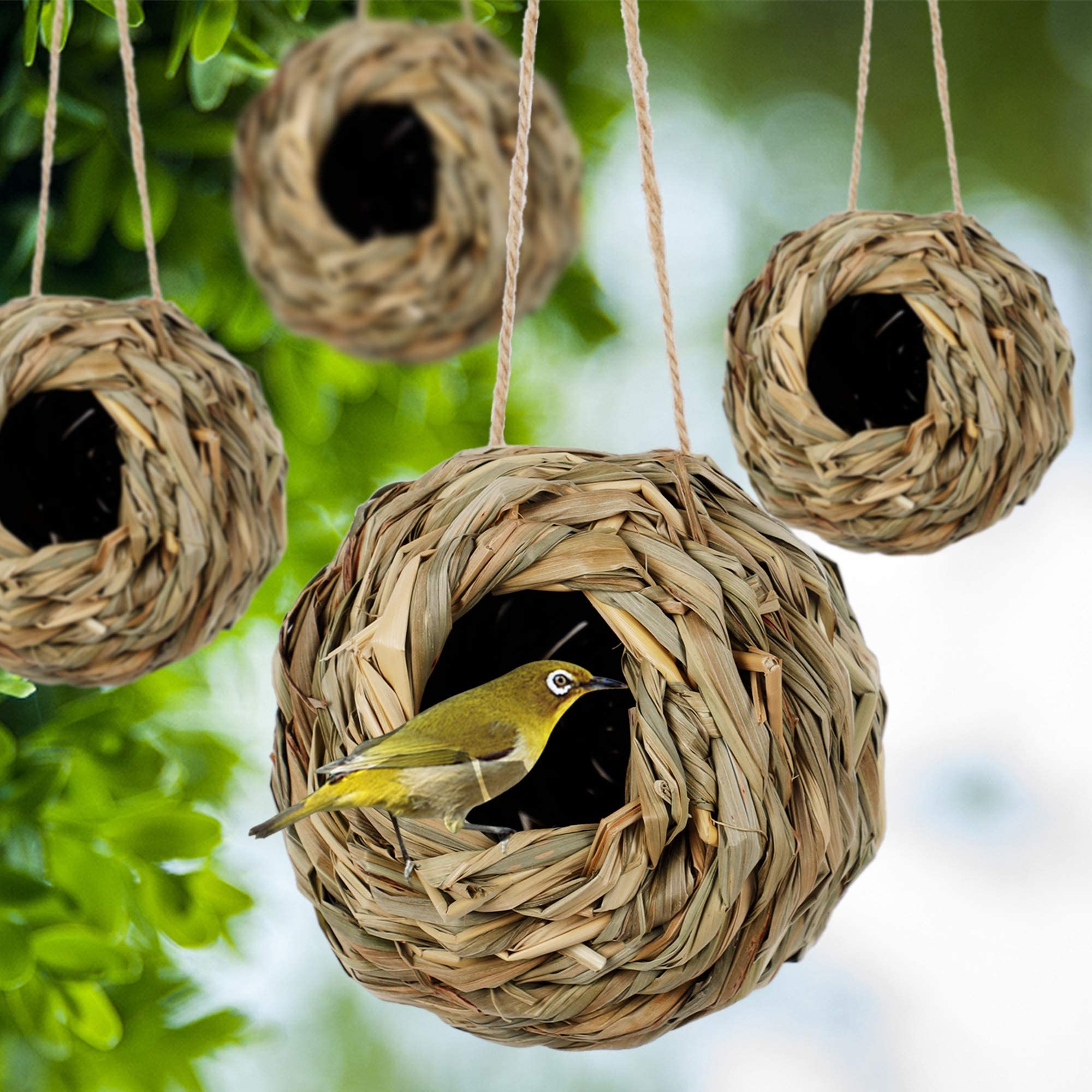 Winemana 4 Pack Hanging Hummingbird Nest House for Outside, Ball Shape, Hand Woven