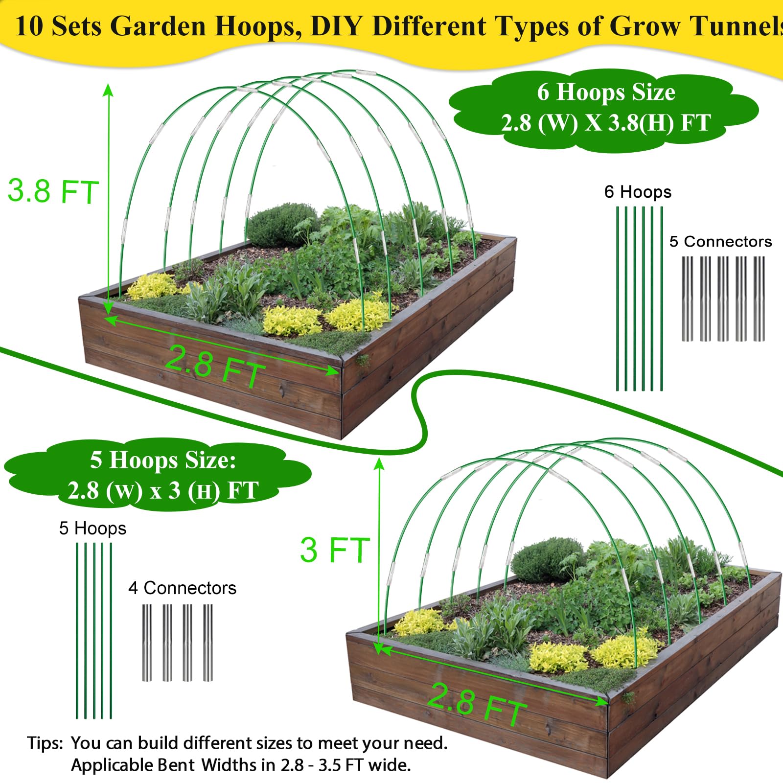 Greenhouse Hoops Grow Tunnel 6 Sets of 8FT Long Garden Hoops, Rust-Free Fiberglass Garden Hoops Frame for Garden Netting Raised Bed Plant Shade Cloth Row Cover