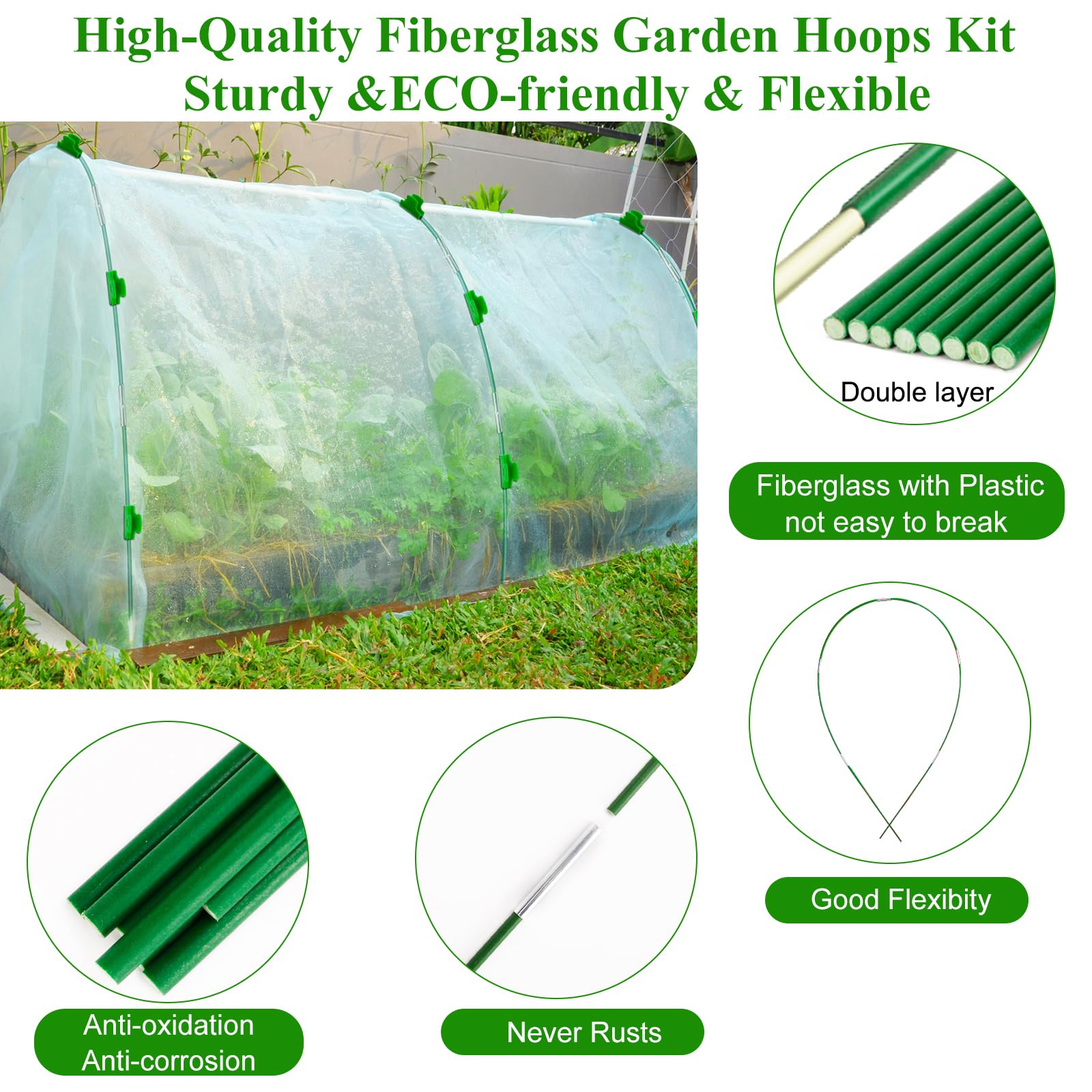 Greenhouse Hoops Grow Tunnel 6 Sets of 8FT Long Garden Hoops, Rust-Free Fiberglass Garden Hoops Frame for Garden Netting Raised Bed Plant Shade Cloth Row Cover