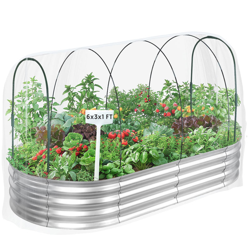 Raised Garden Bed with Greenhouse Frame and 3 Covers, Galvanized Metal Oval Planter Box for Outdoor Gardening