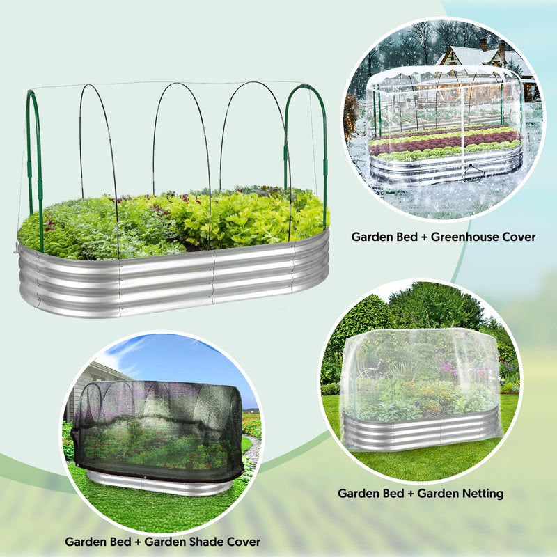 Raised Garden Bed with Greenhouse Frame and 3 Covers, Galvanized Metal Oval Planter Box for Outdoor Gardening