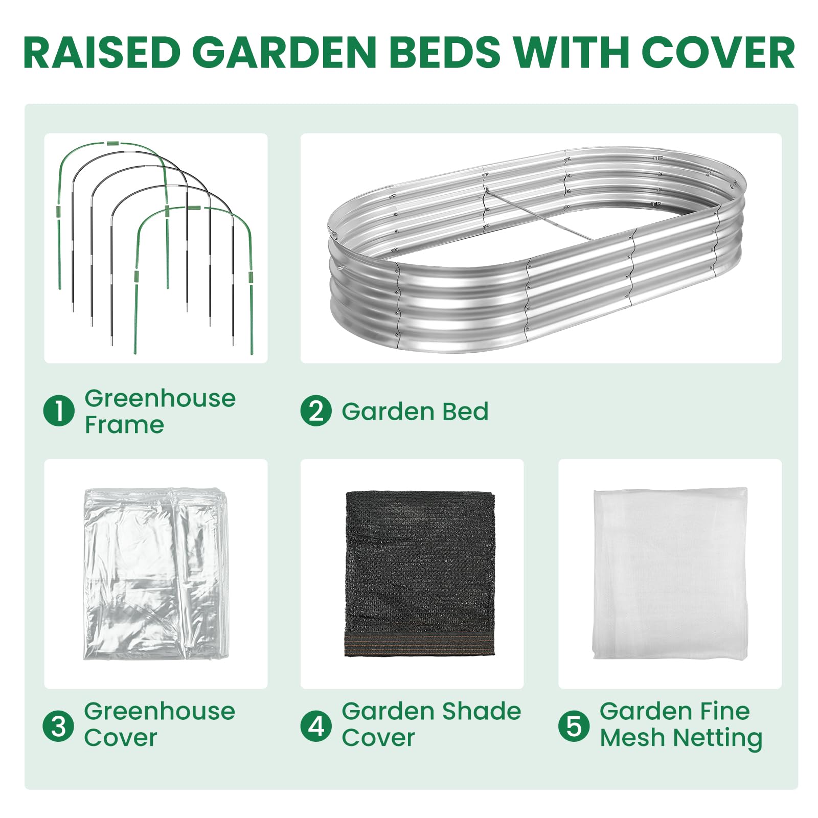 Raised Garden Bed with Greenhouse Frame and 3 Covers, Galvanized Metal Oval Planter Box for Outdoor Gardening