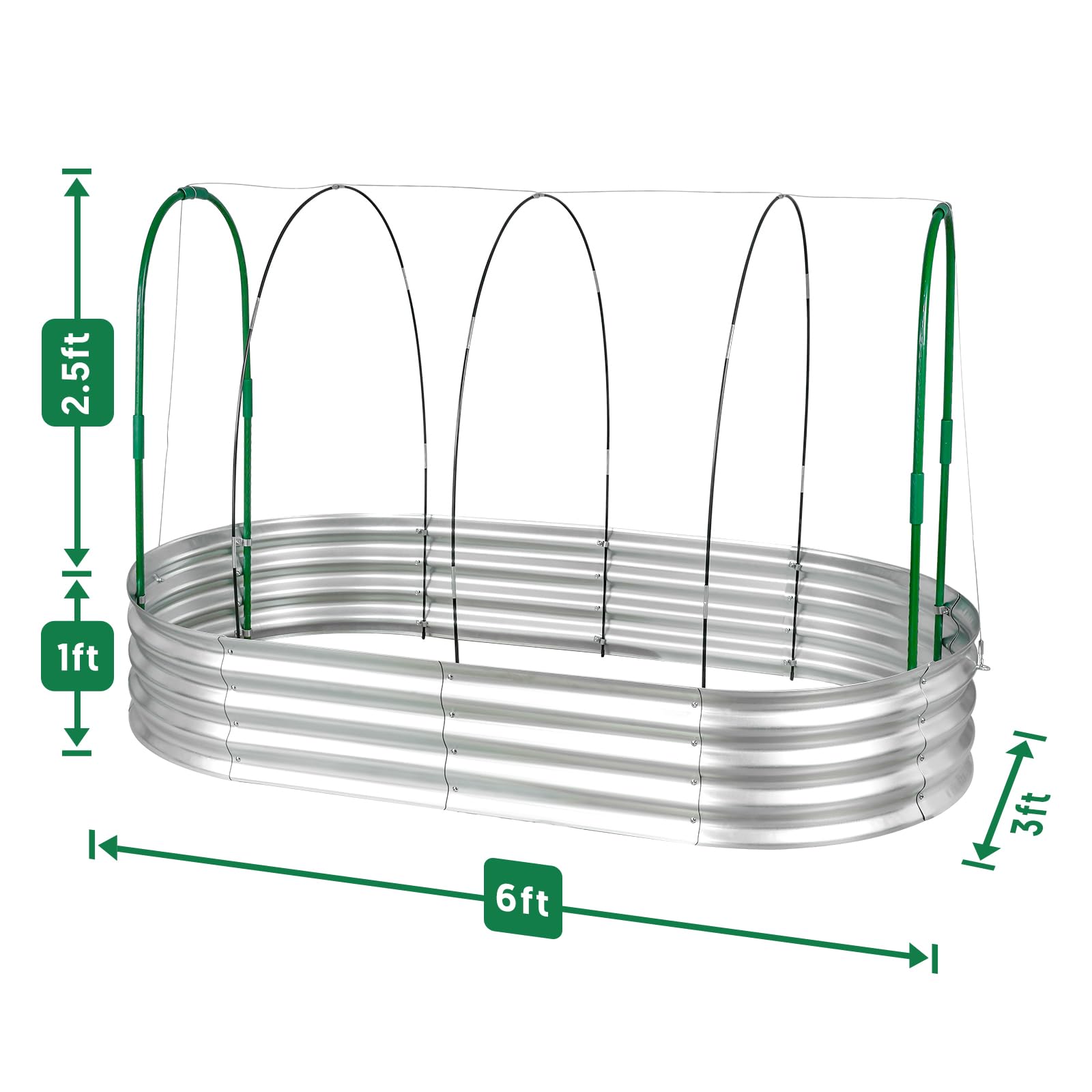 Raised Garden Bed with Greenhouse Frame and 3 Covers, Galvanized Metal Oval Planter Box for Outdoor Gardening