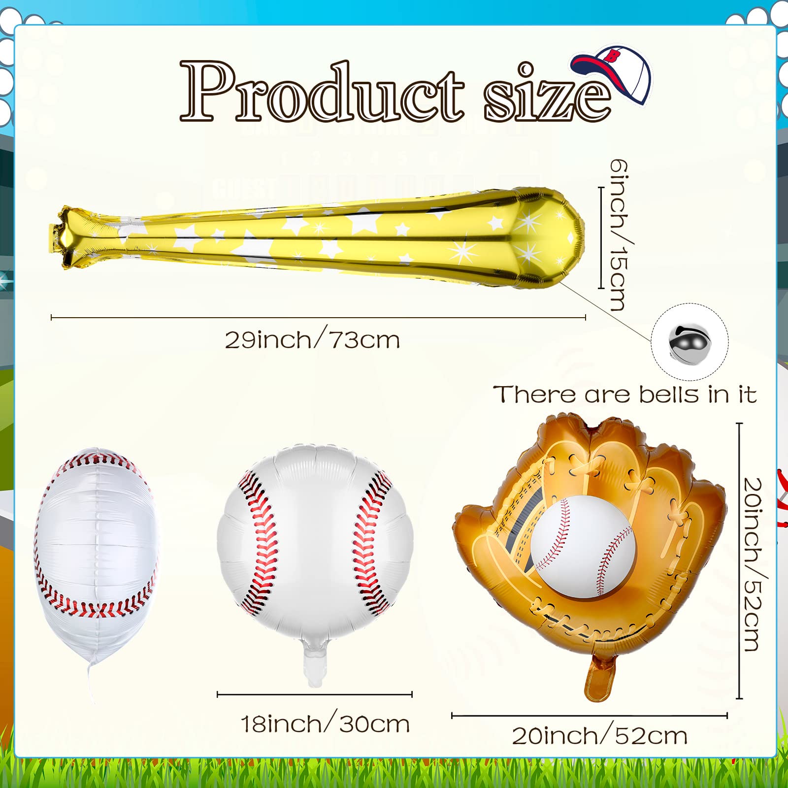 18 Pieces 18 Inch Baseball Balloons Baseball Foil Balloons 20 Inch Baseball Glove Jumbo Balloons 30 Inch Baseball Bat Balloons