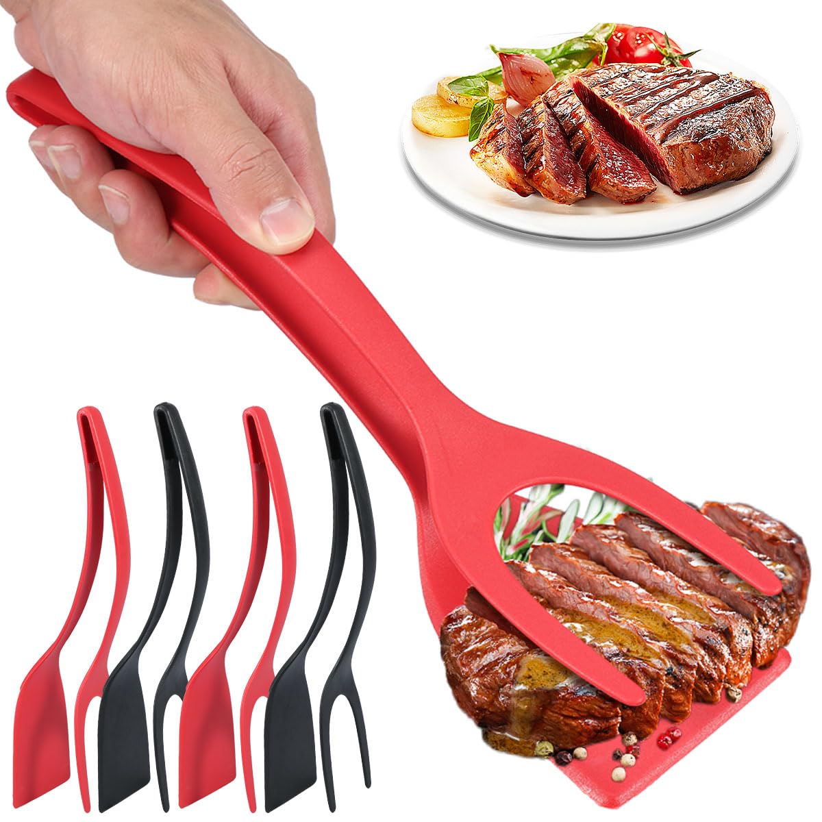 4Pcs Egg Flipper Spatula 2 in 1 Grip and Flip Spatula Clamp 12 Inch Nylon Kitchen Tongs with Anti-Slip Handle