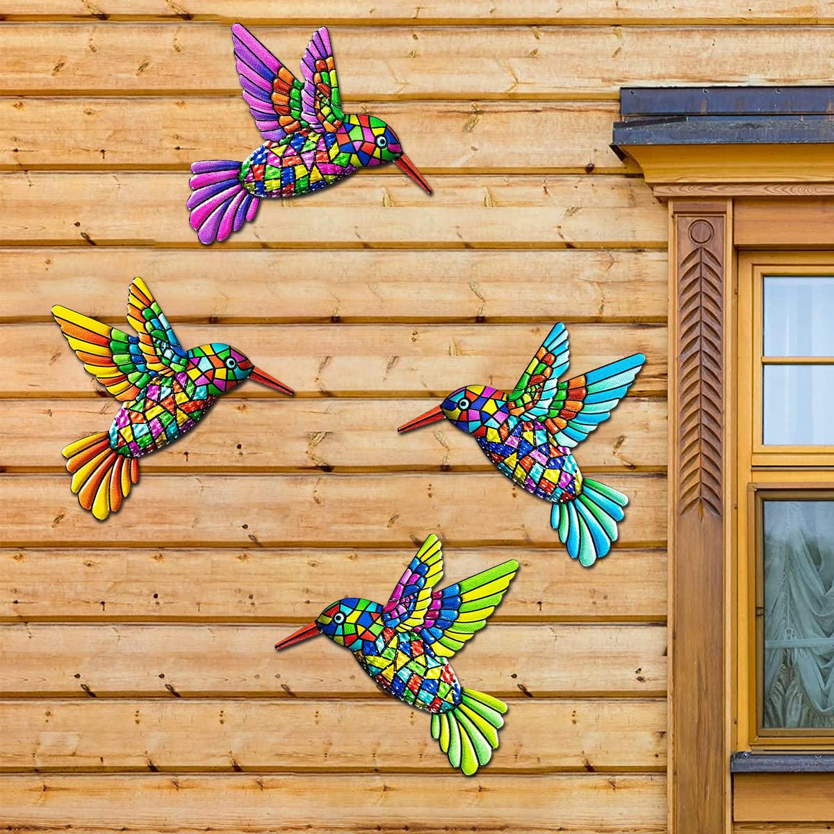 4 Pack 3D Metal Hummingbird,Outdoor Bird Garden Wall Decorations