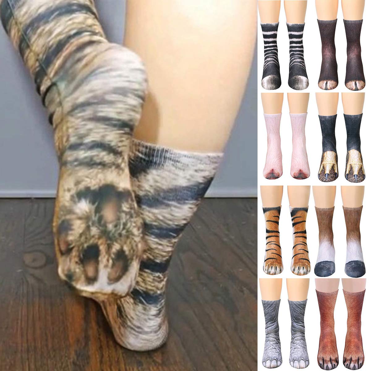 Adult Animal Paw Socks, 3D Digital Simulation Print Cat Dog Foot Hoof Paw Feet Crew Socks