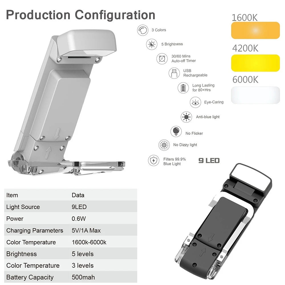 LED Mini Book Clip Reading Light, 5 Levels Brightness