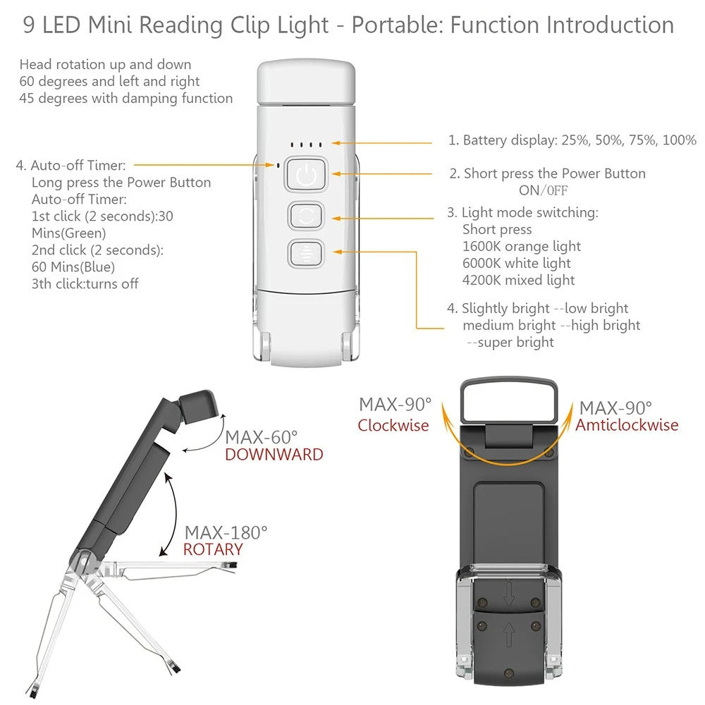 LED Mini Book Clip Reading Light, 5 Levels Brightness