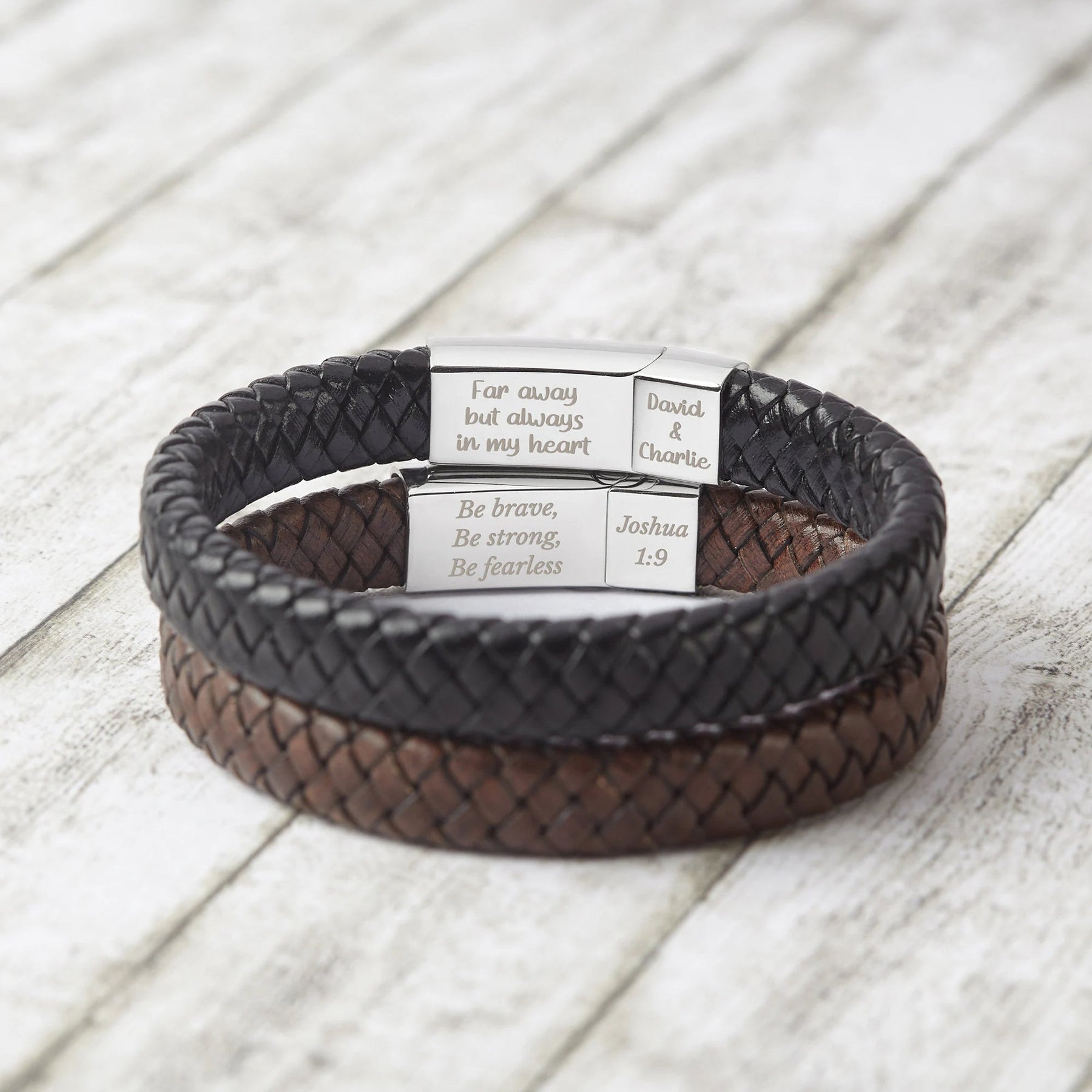 Personalized Mens Leather Bracelet, Customized Braid Leather Bracelet Engraved with Names for Men