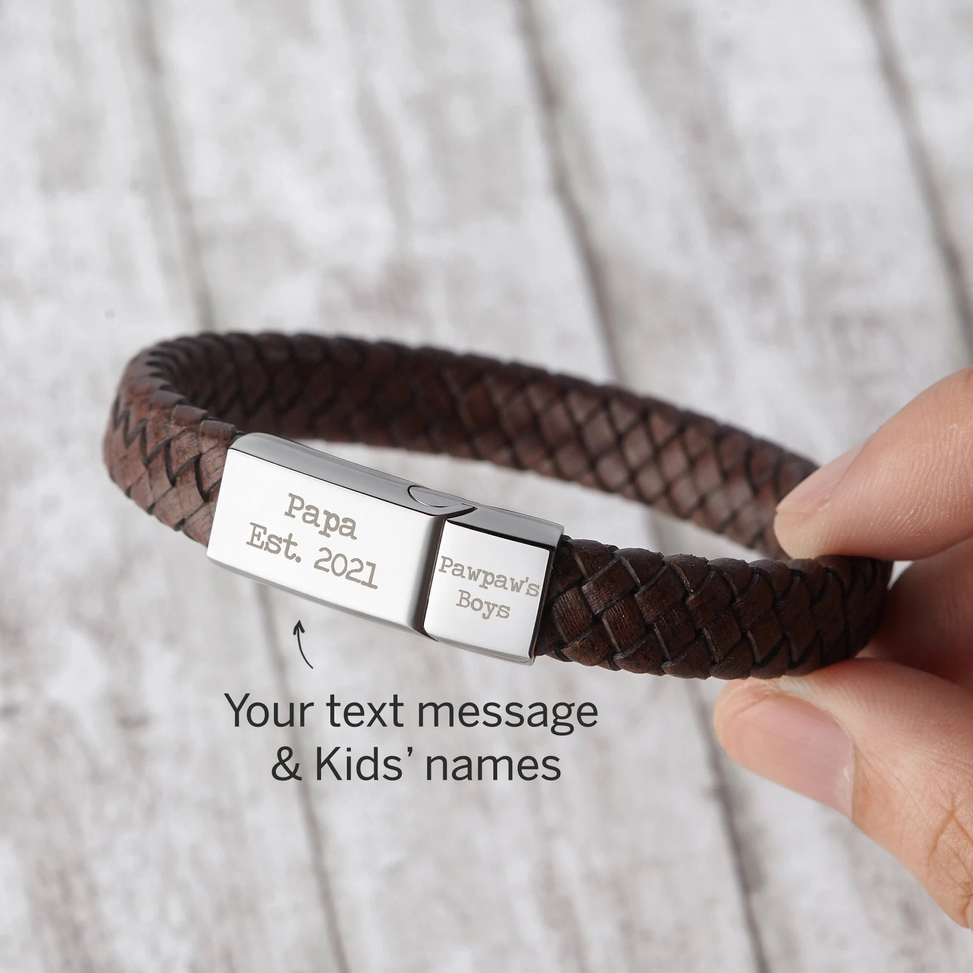 Personalized Mens Leather Bracelet, Customized Braid Leather Bracelet Engraved with Names for Men