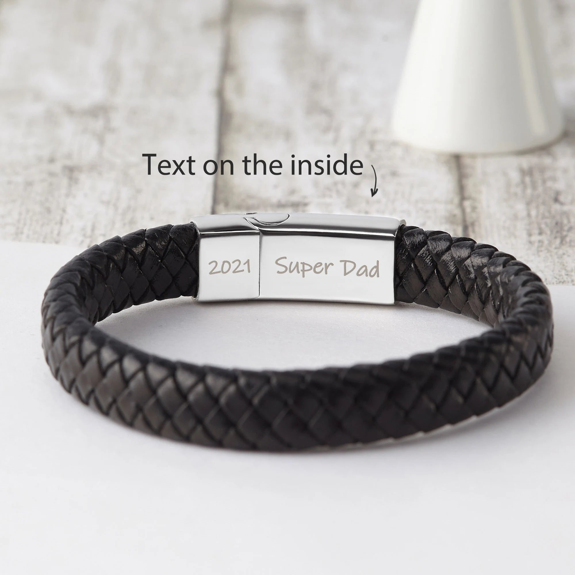 Personalized Mens Leather Bracelet, Customized Braid Leather Bracelet Engraved with Names for Men