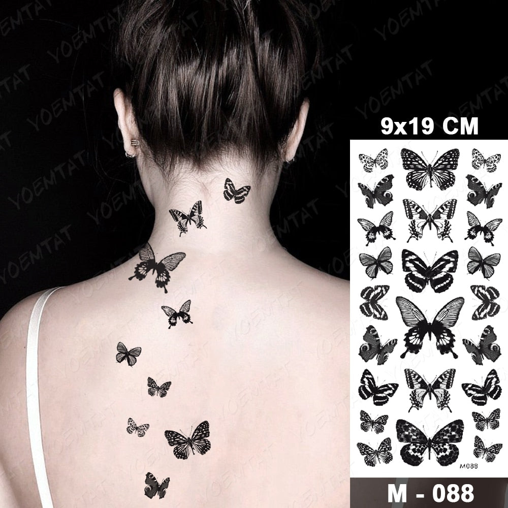 Butterfly Waterproof Temporary Tattoo Stickers Moth Rose Flower Dark Flash Tatto