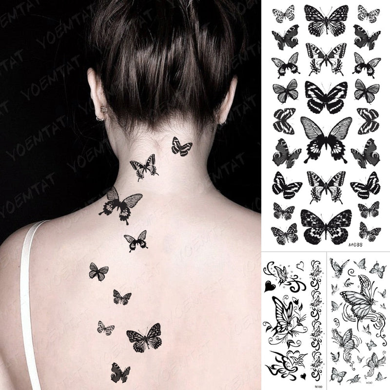Butterfly Waterproof Temporary Tattoo Stickers Moth Rose Flower Dark Flash Tatto