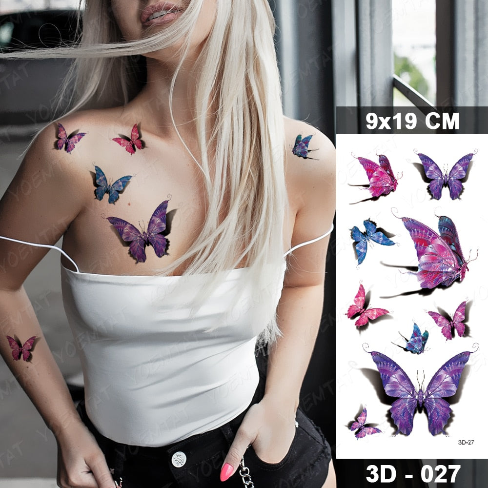 Butterfly Waterproof Temporary Tattoo Stickers Moth Rose Flower Dark Flash Tatto