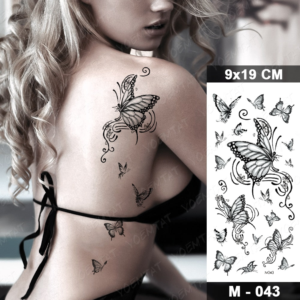 Butterfly Waterproof Temporary Tattoo Stickers Moth Rose Flower Dark Flash Tatto