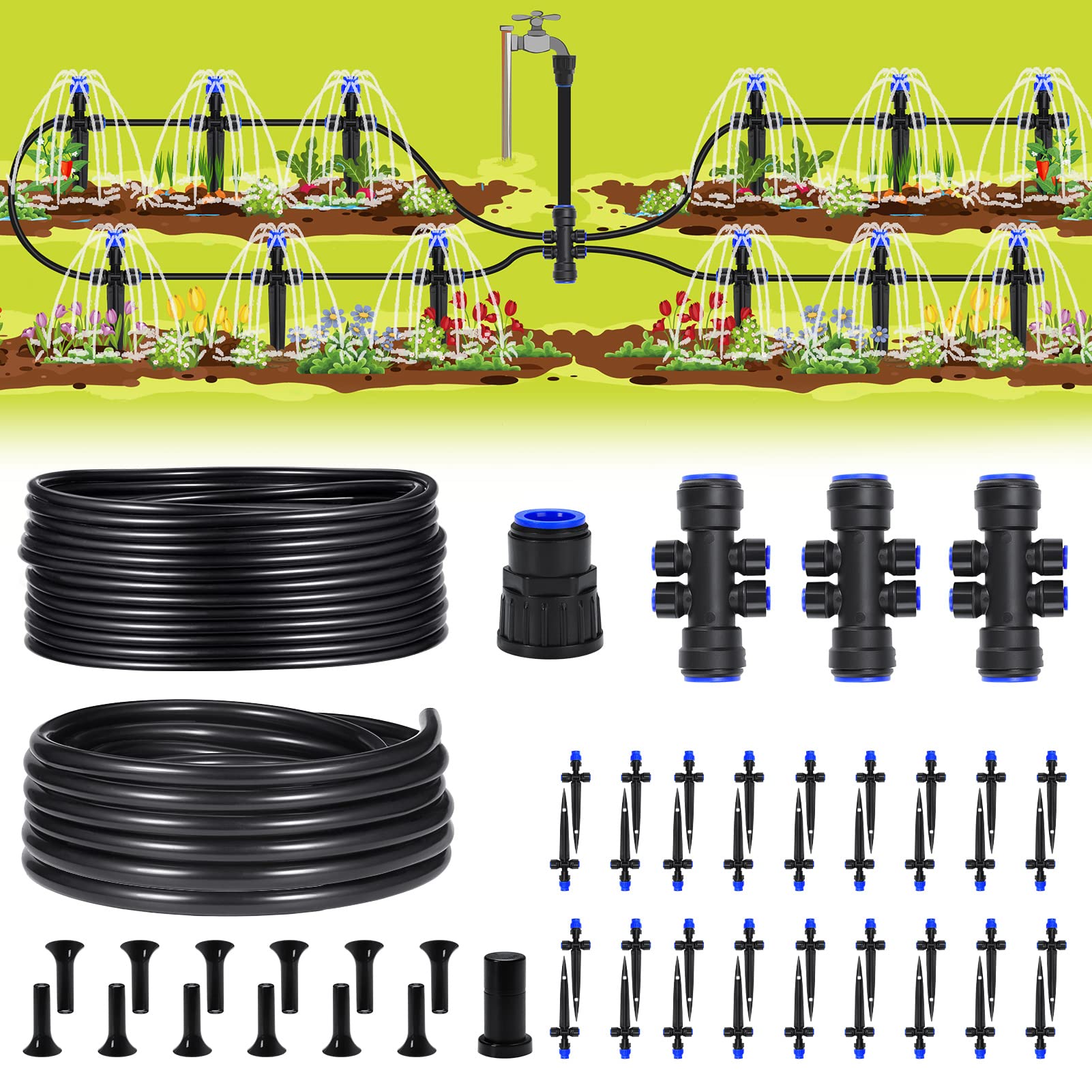 HIRALIY 50FT Garden Watering System, New Quick Connector, Blank Distribution Tubing, Saving Water Automatic Irrigation Equipment for Patio Lawn