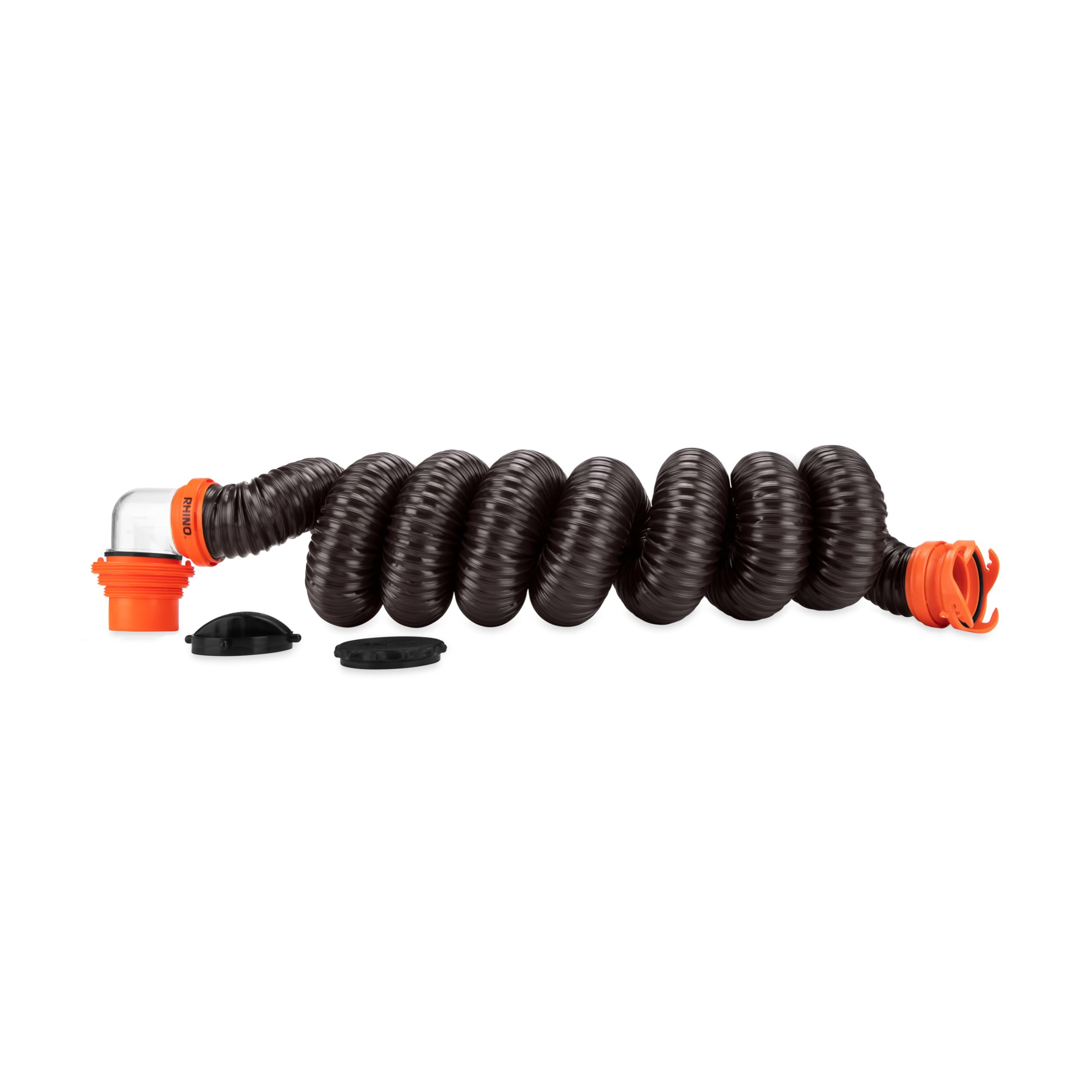 ﻿﻿Camco RhinoFLEX 20' Camper/RV Sewer Hose Kit - Includes 4-in-1 Adapter, Clear Elbow, & Caps - Connects to 3″ Slip & 3″, 3 1/2″, 4″ NPT Threaded Sewer Connections