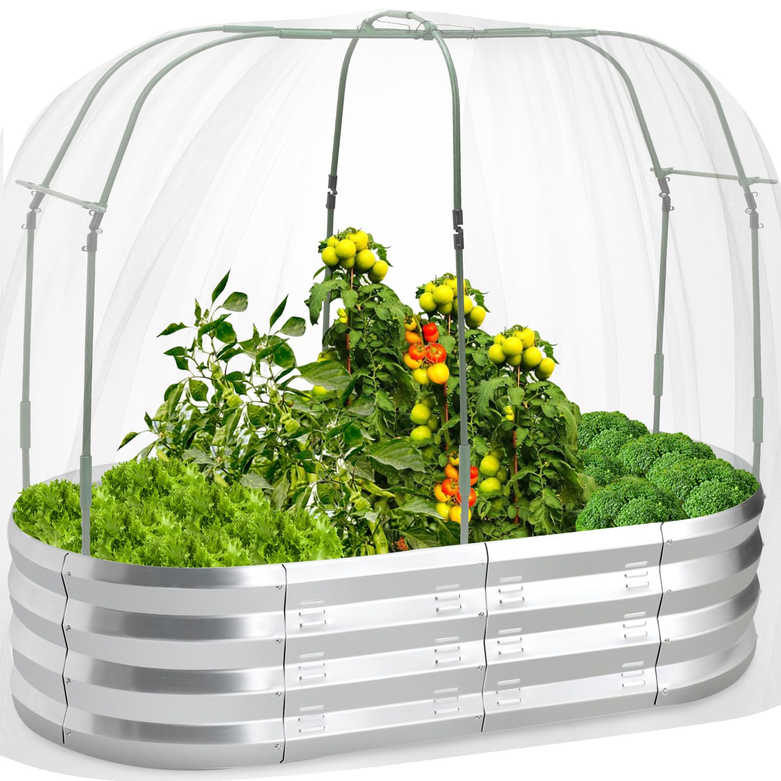 Raised Garden Bed with Greenhouse Frame and 3 Covers, Galvanized Metal Oval Planter Box for Outdoor Gardening