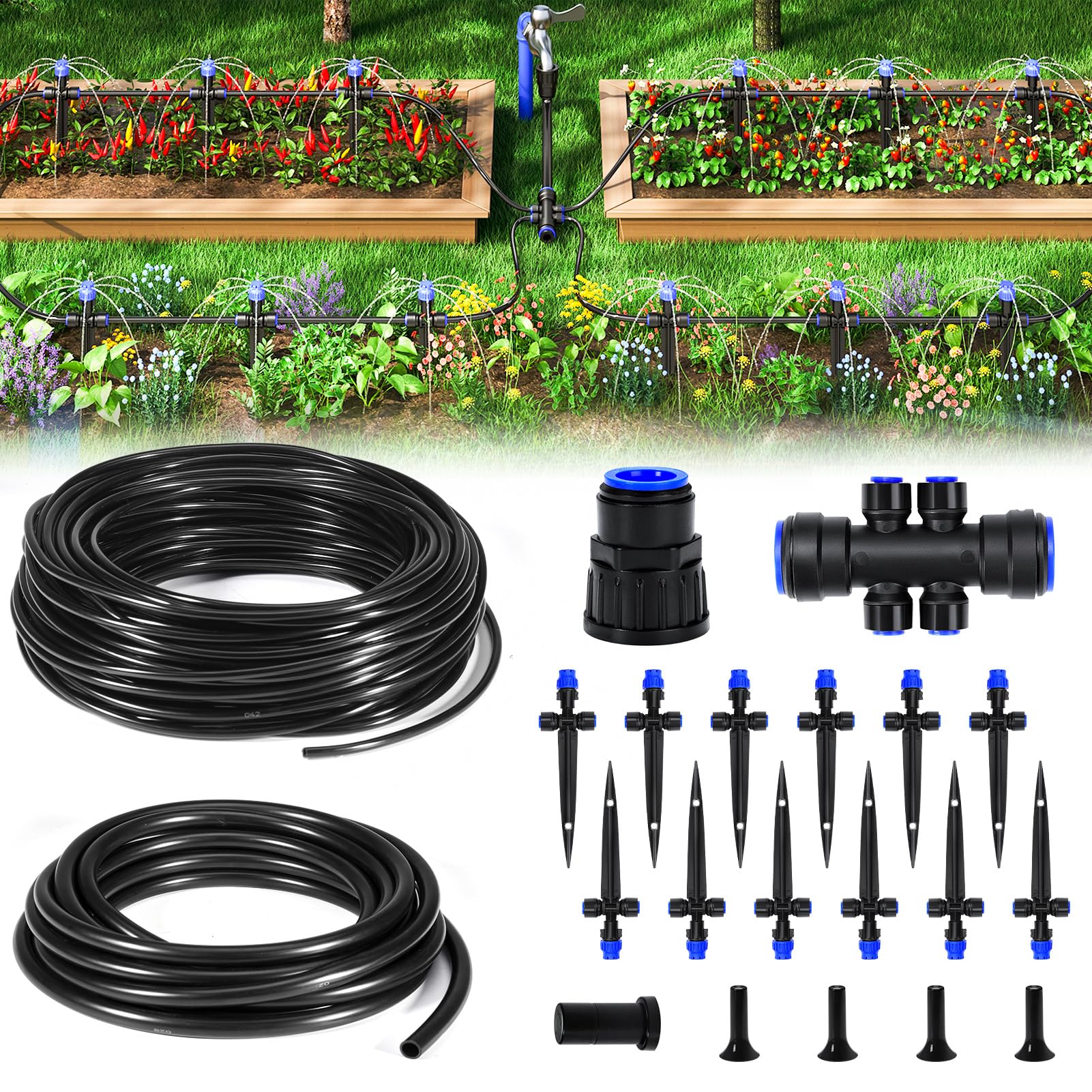 HIRALIY 50FT Garden Watering System, New Quick Connector, Blank Distribution Tubing, Saving Water Automatic Irrigation Equipment for Patio Lawn