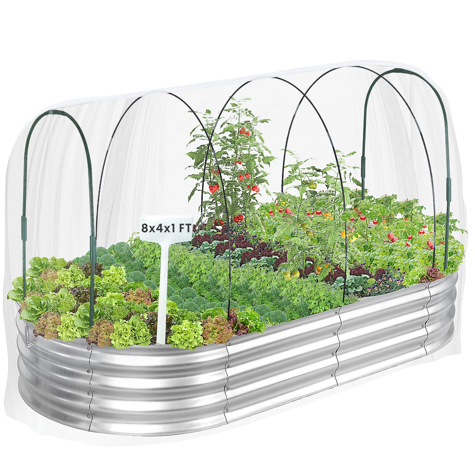 Raised Garden Bed with Greenhouse Frame and 3 Covers, Galvanized Metal Oval Planter Box for Outdoor Gardening