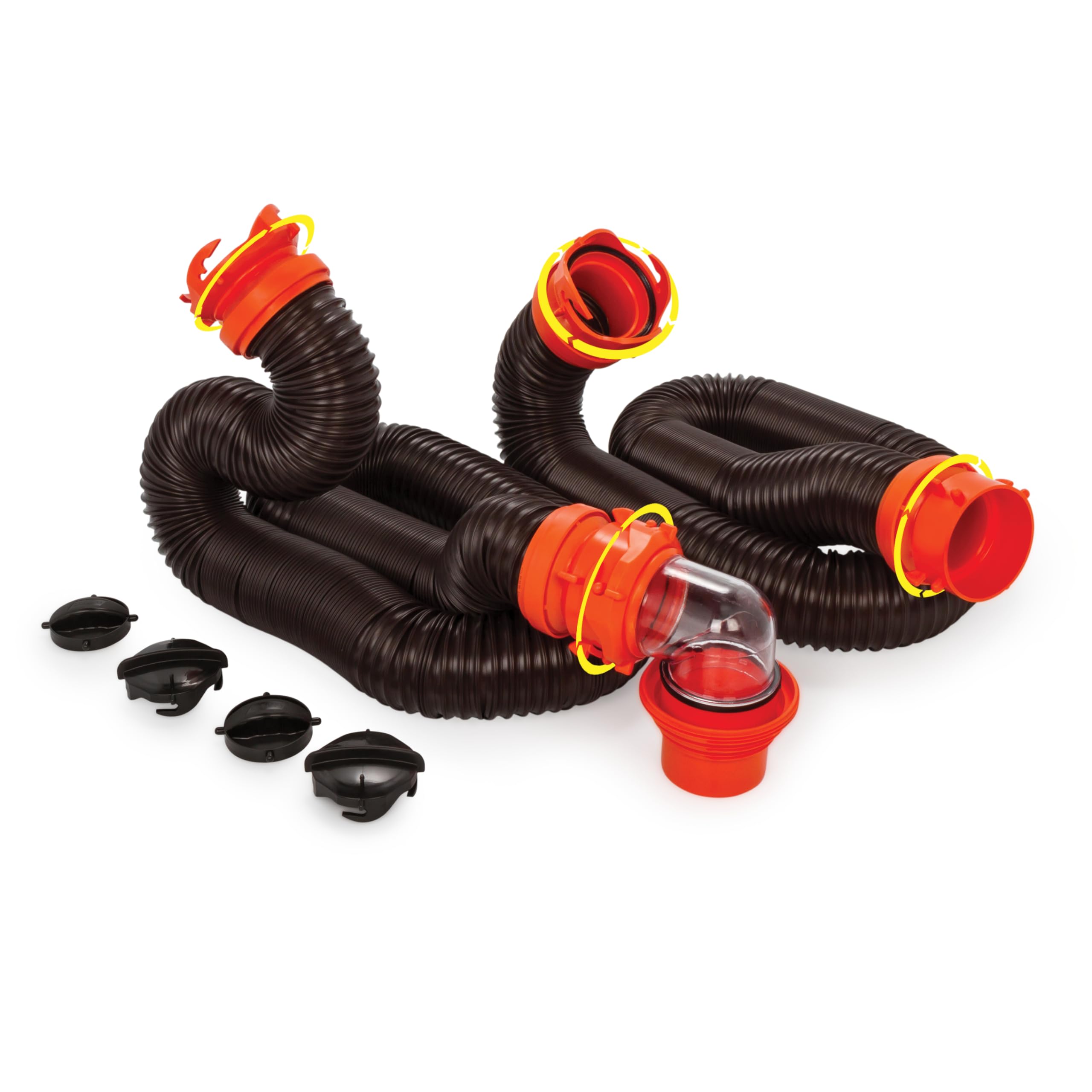 ﻿﻿Camco RhinoFLEX 20' Camper/RV Sewer Hose Kit - Includes 4-in-1 Adapter, Clear Elbow, & Caps - Connects to 3″ Slip & 3″, 3 1/2″, 4″ NPT Threaded Sewer Connections