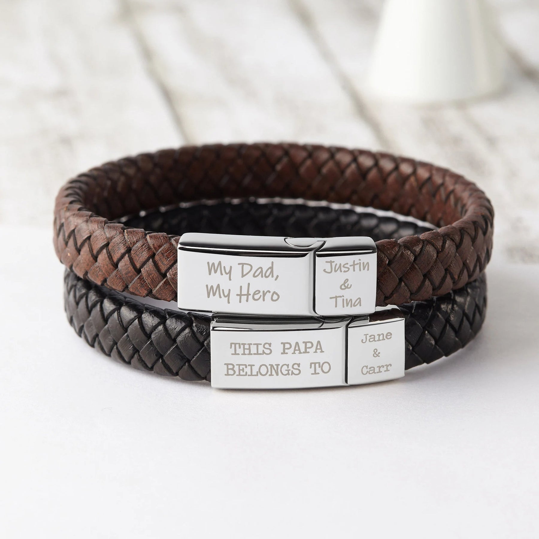 Personalized Mens Leather Bracelet, Customized Braid Leather Bracelet Engraved with Names for Men