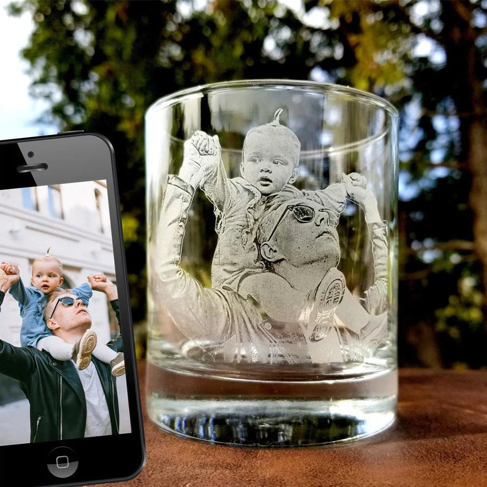 Custom Picture Memorial Rock Whiskey Glass, Personalized Unique Dad Father's Day Gifts, Family Picture Dog Cat Pet Picture