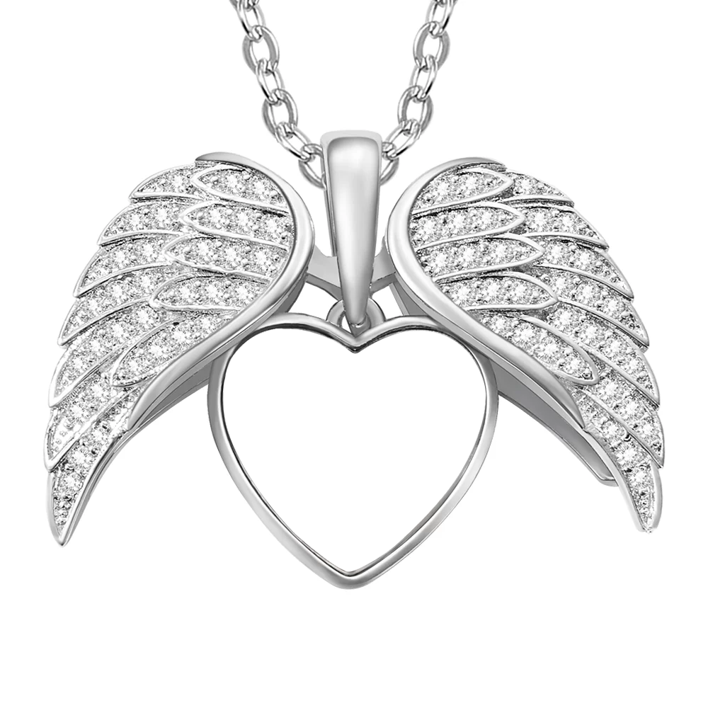 Personalized CZ Heart Shape Angel Wing Photo Locket Necklace