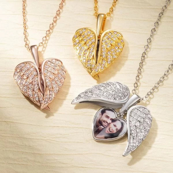 Personalized CZ Heart Shape Angel Wing Photo Locket Necklace