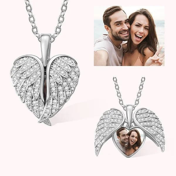 Personalized CZ Heart Shape Angel Wing Photo Locket Necklace