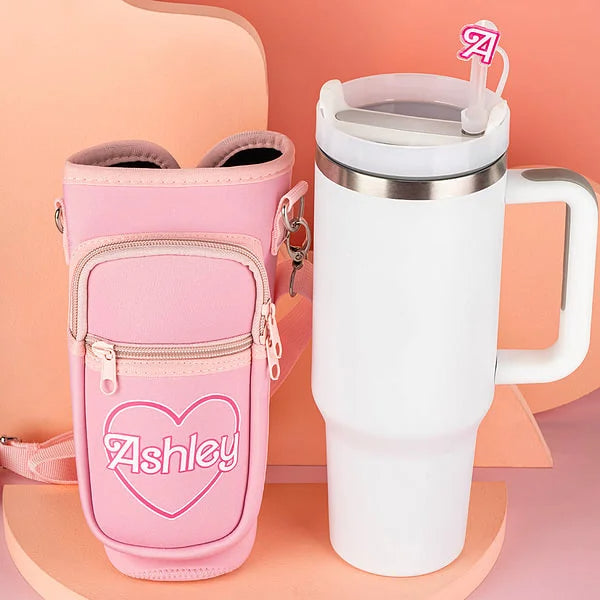 Personalized Pink Doll Style Water Bottle Carrier Bag for 40oz Stanley Tumbler