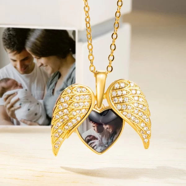 Personalized CZ Heart Shape Angel Wing Photo Locket Necklace