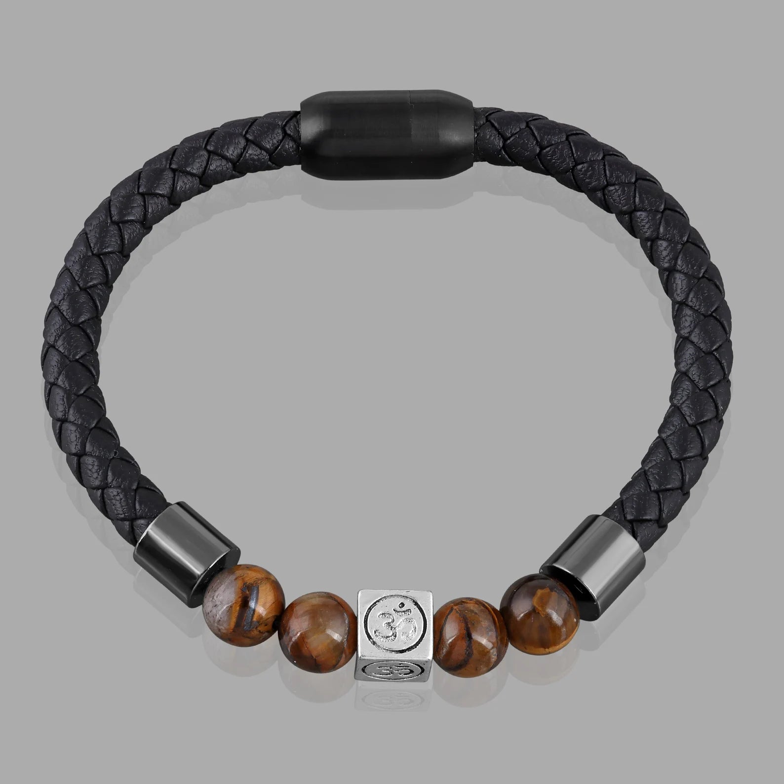 Tiger's Eye Braided Bracelet, Om Charm Bracelet, Black Leather Bracelet