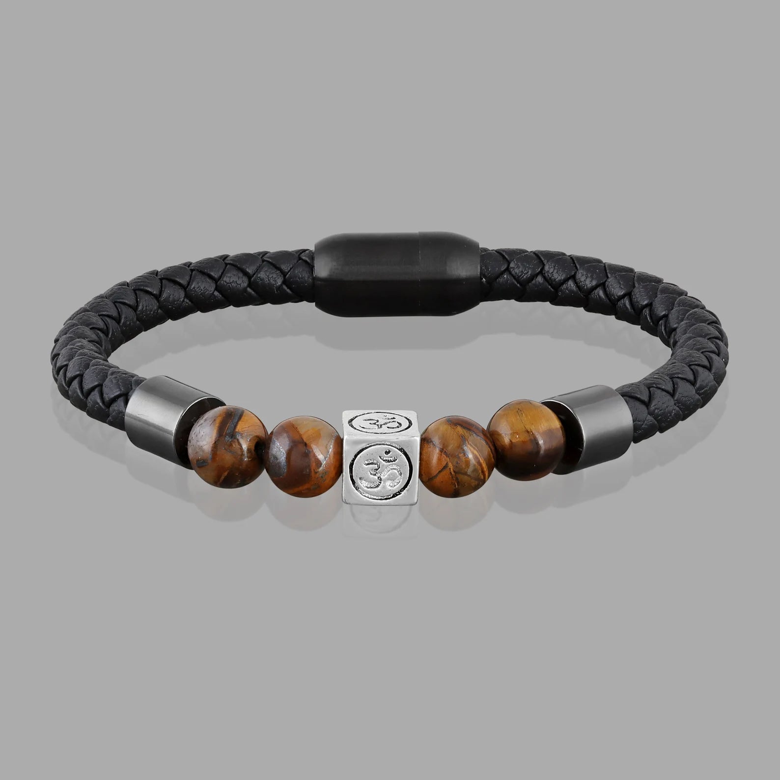 Tiger's Eye Braided Bracelet, Om Charm Bracelet, Black Leather Bracelet