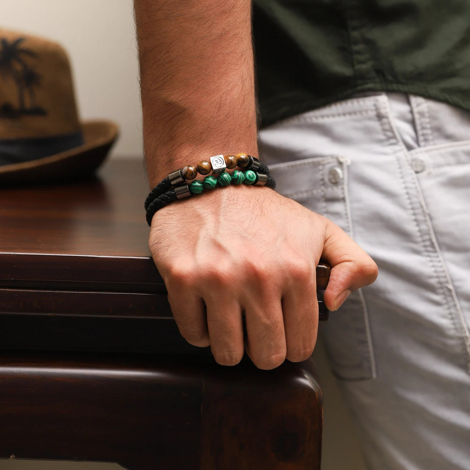 Tiger's Eye Braided Bracelet, Om Charm Bracelet, Black Leather Bracelet