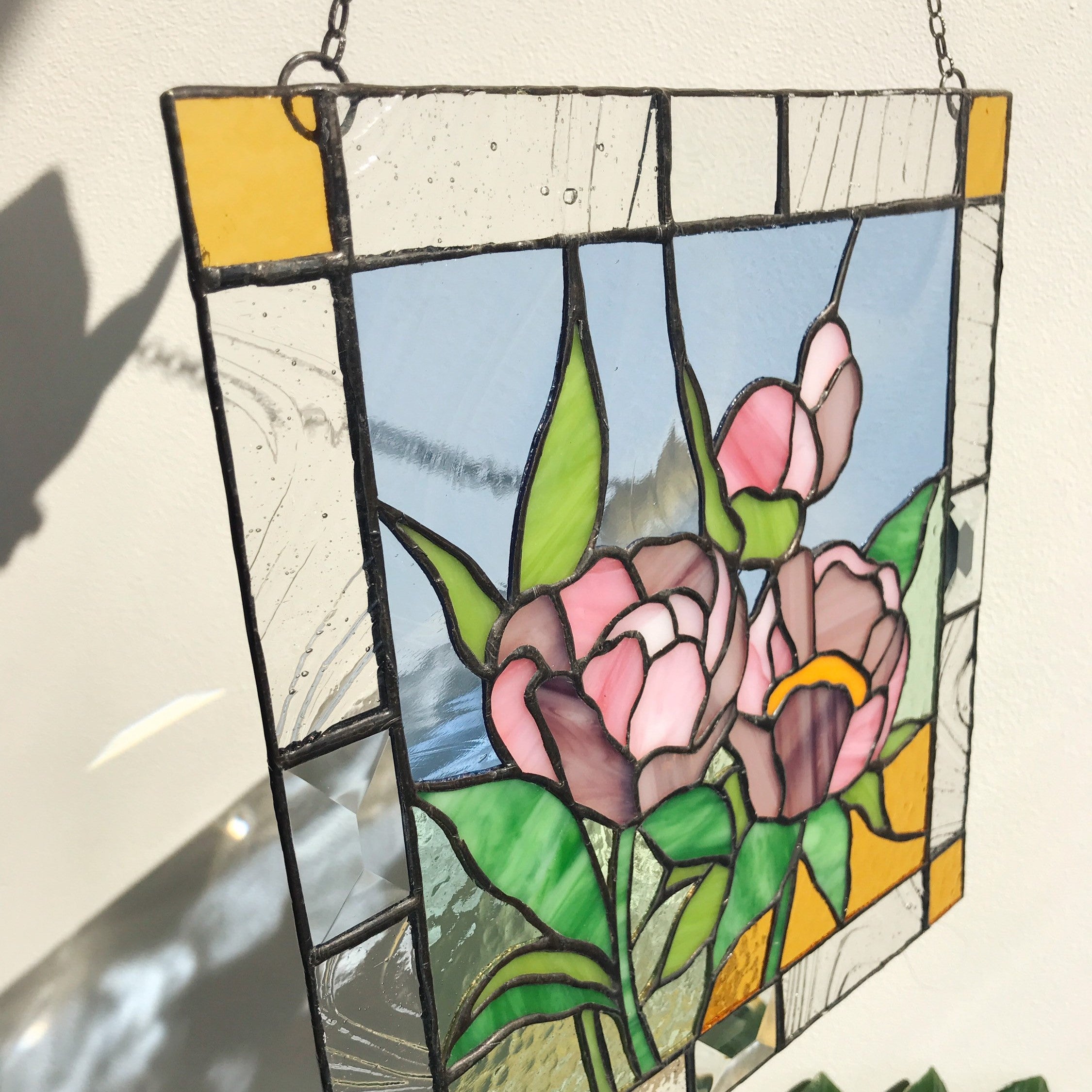 Peony Flower Suncatcher Pink Green Leaf, Stained glass Home Decor Panel Garden Window Wall Hangings