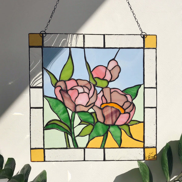Peony Flower Suncatcher Pink Green Leaf, Stained glass Home Decor Panel Garden Window Wall Hangings