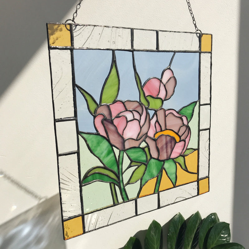 Peony Flower Suncatcher Pink Green Leaf, Stained glass Home Decor Panel Garden Window Wall Hangings