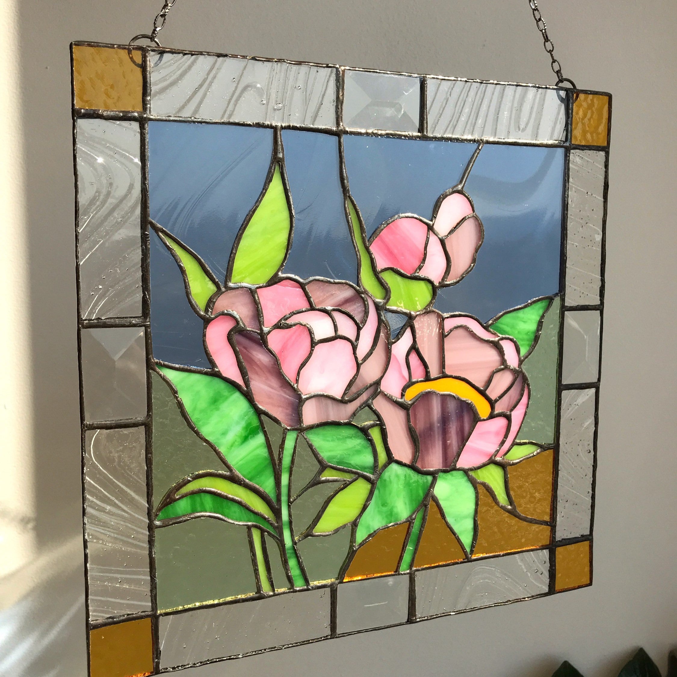 Peony Flower Suncatcher Pink Green Leaf, Stained glass Home Decor Panel Garden Window Wall Hangings