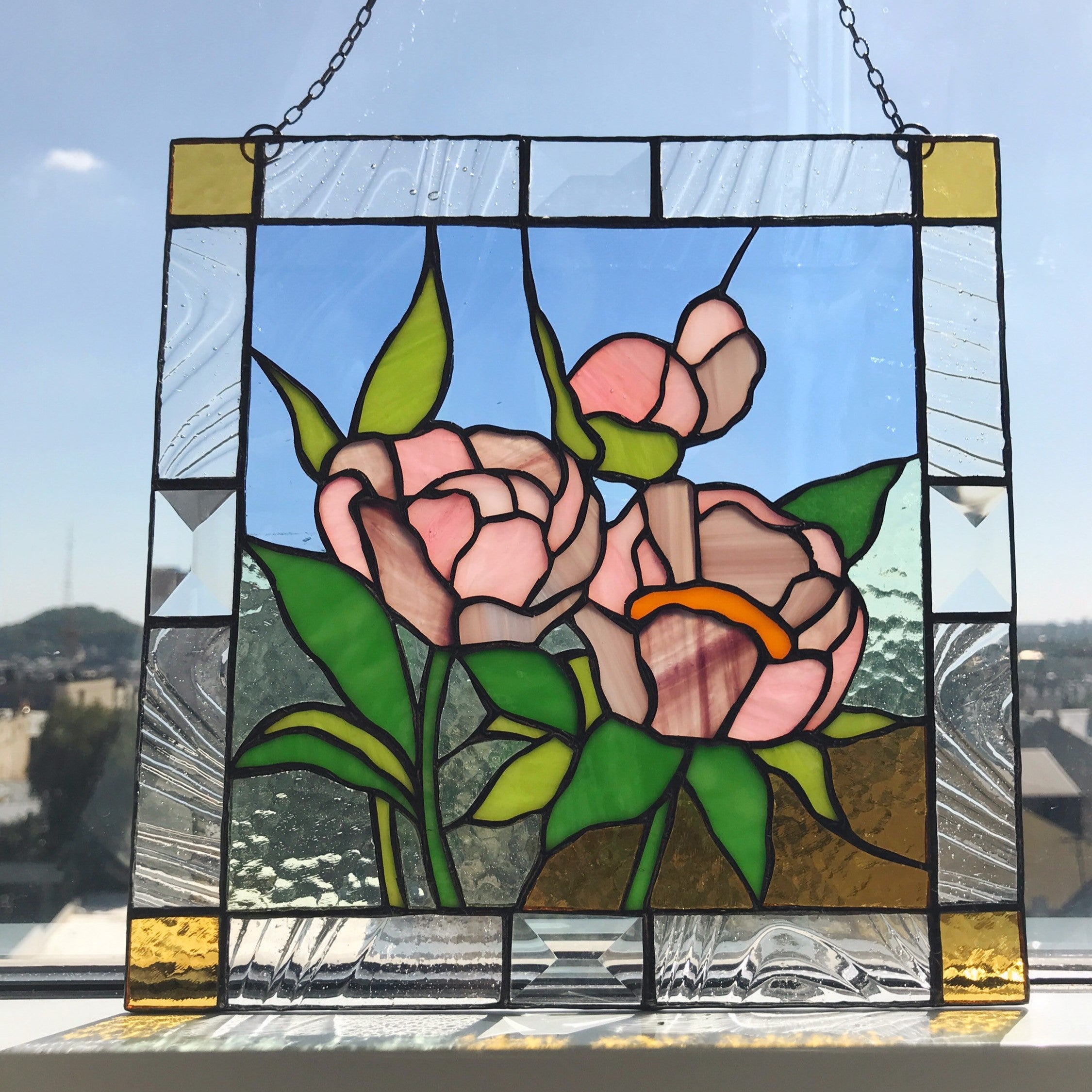 Peony Flower Suncatcher Pink Green Leaf, Stained glass Home Decor Panel Garden Window Wall Hangings