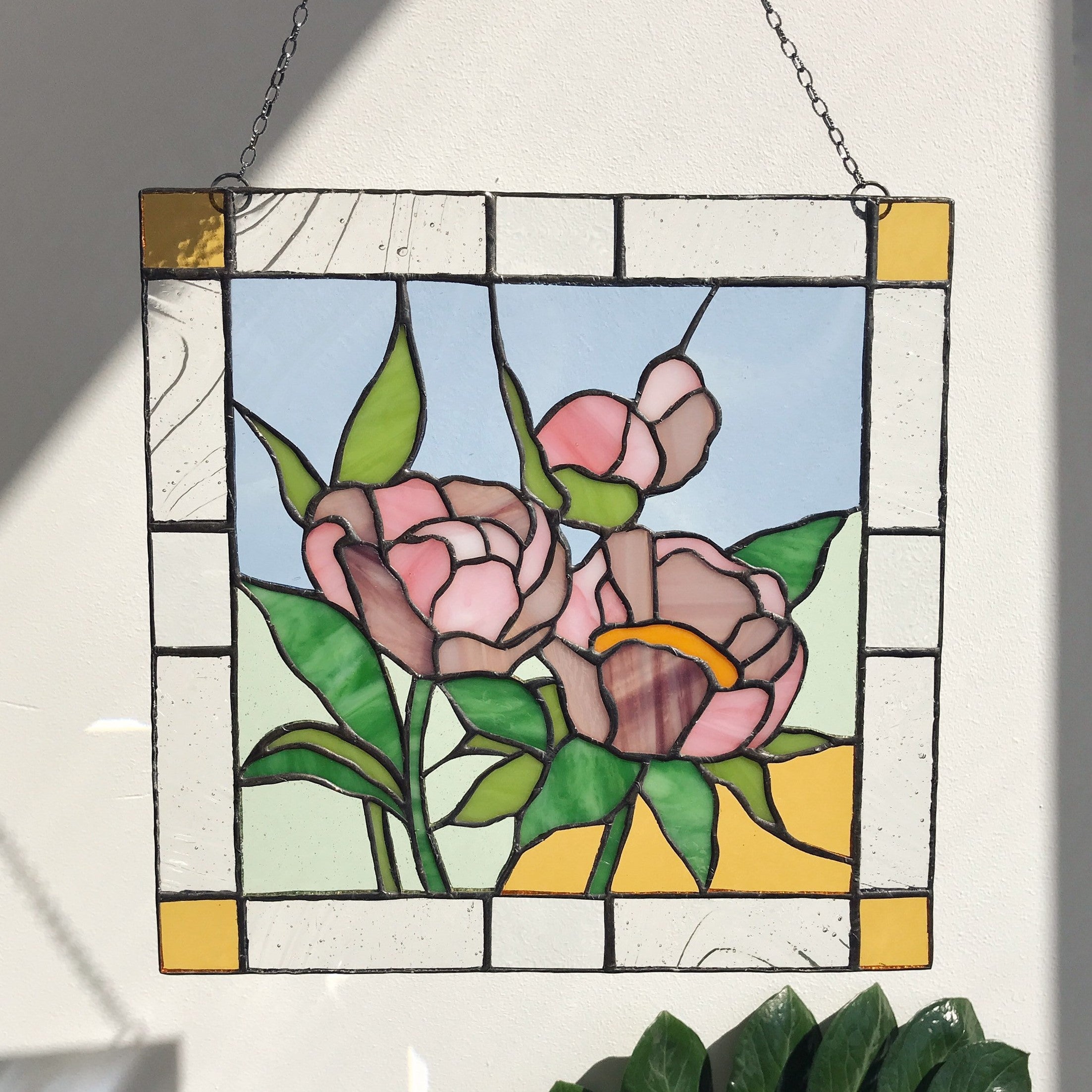 Peony Flower Suncatcher Pink Green Leaf, Stained glass Home Decor Panel Garden Window Wall Hangings