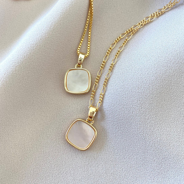 Mother of Pearl Necklace Square Pearl Pendant Necklace Gold Filled Figaro Chain Girlfriend Gifts