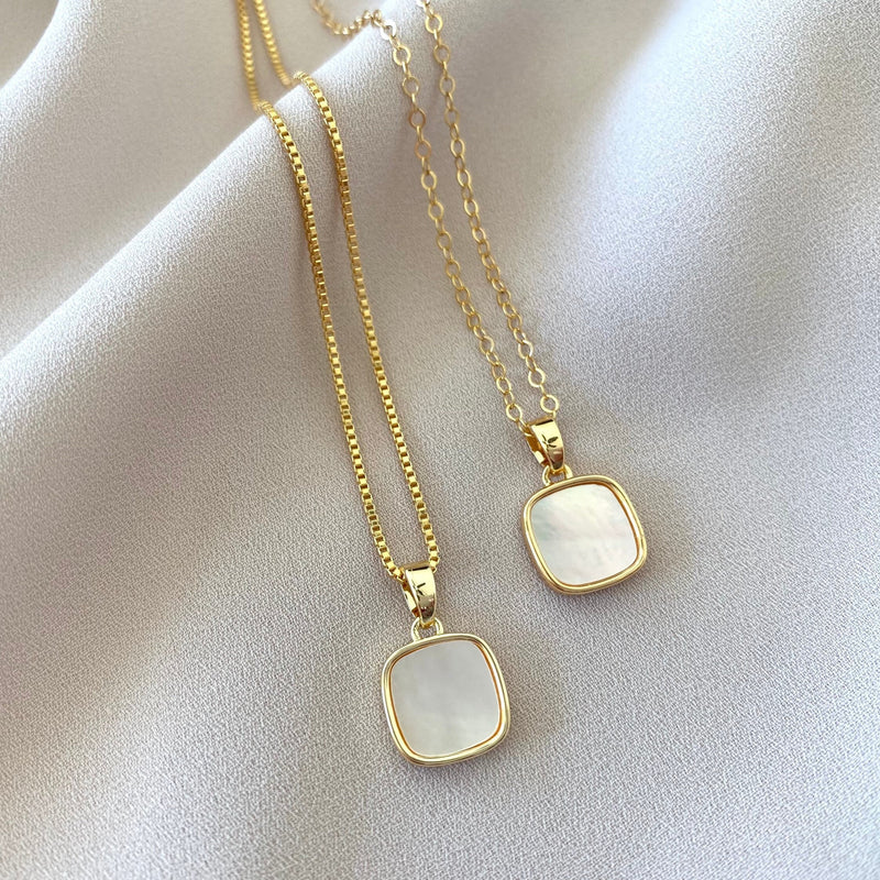 Mother of Pearl Necklace Square Pearl Pendant Necklace Gold Filled Figaro Chain Girlfriend Gifts