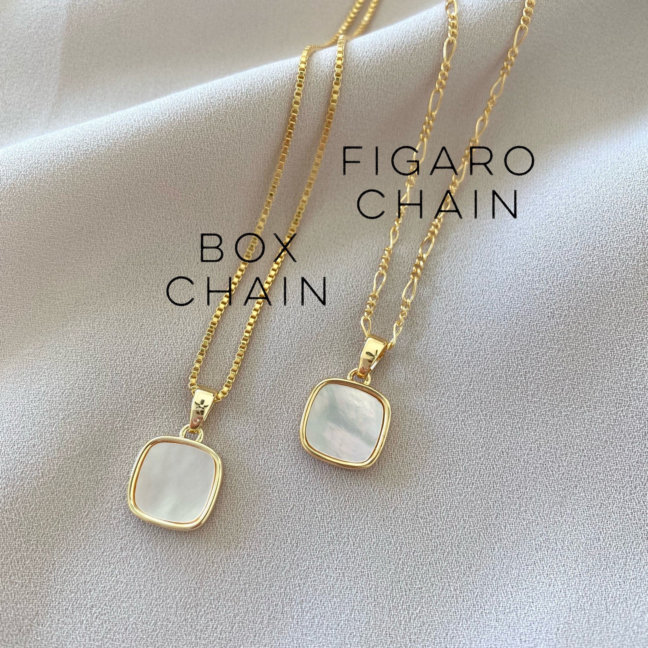 Mother of Pearl Necklace Square Pearl Pendant Necklace Gold Filled Figaro Chain Girlfriend Gifts